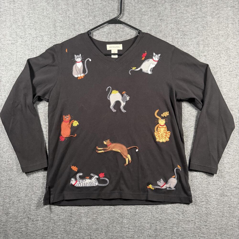 Vintage 90s Bechamel Cat Shirt Womens M Black Embroidered Novelty Cat Lady Fall